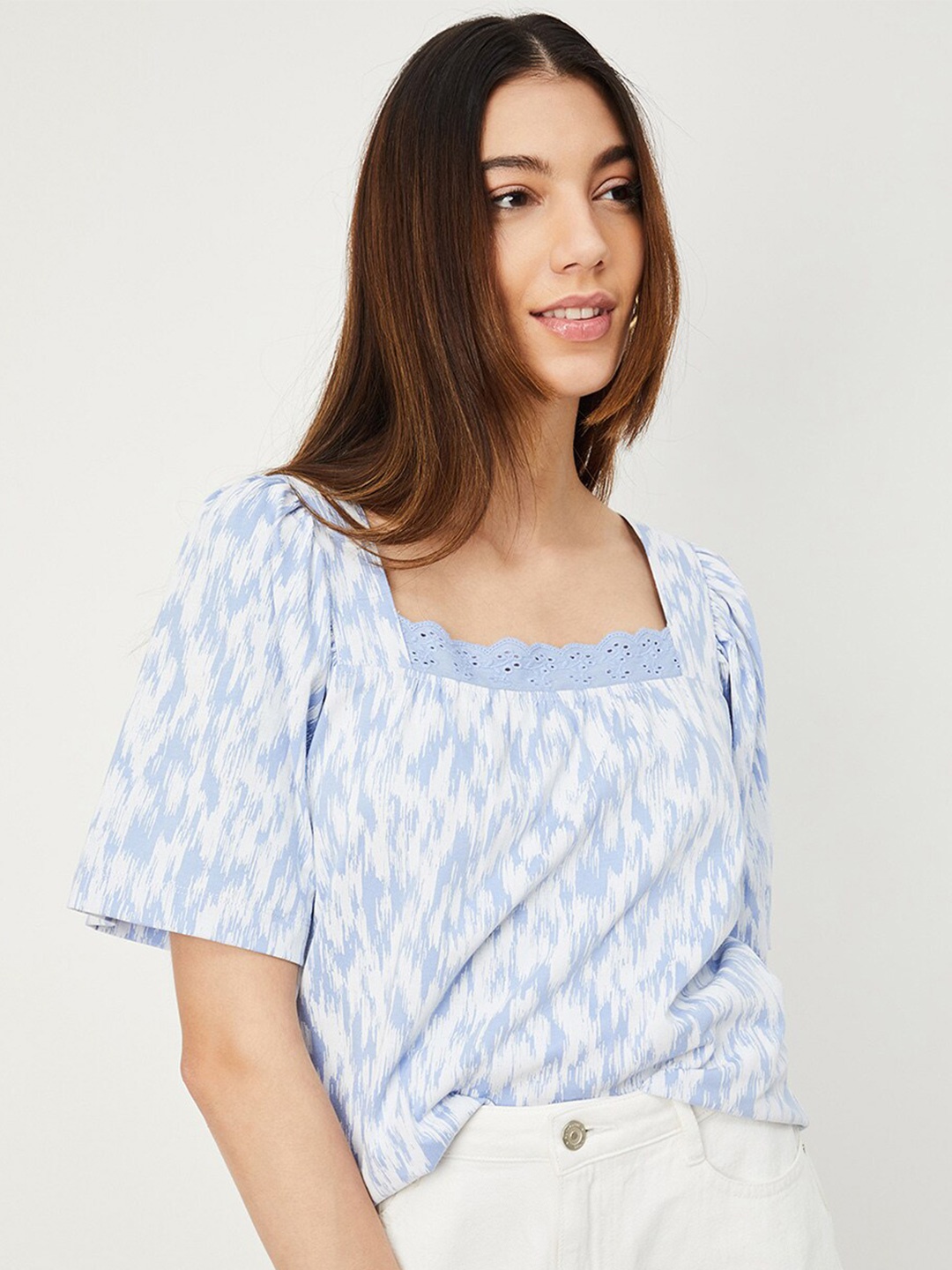 

max Abstract Printed Cotton Square Neck Puff Sleeve Top, Blue