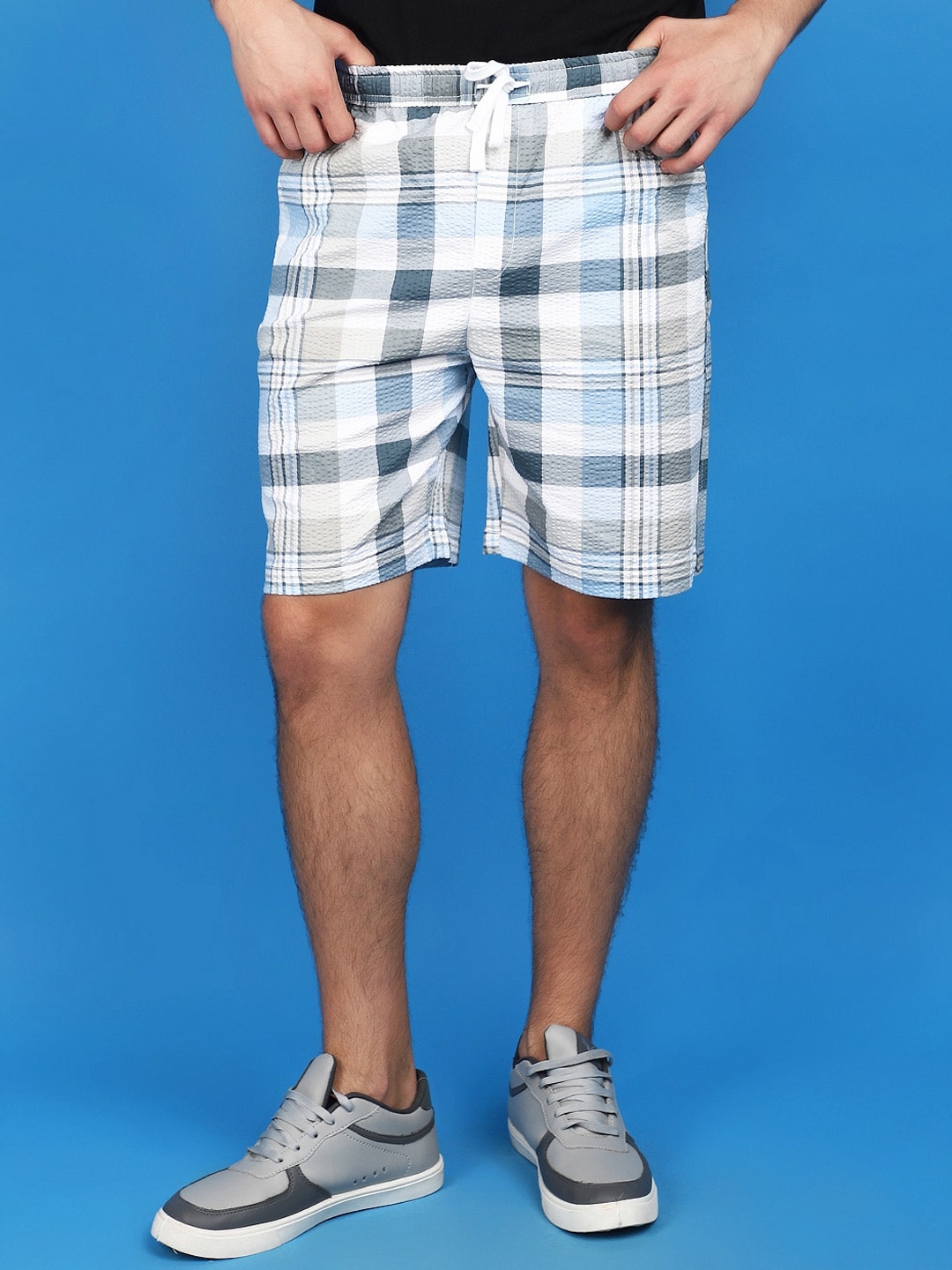 

V-Mart Men Checked Mid-Rise Cotton Shorts, Blue