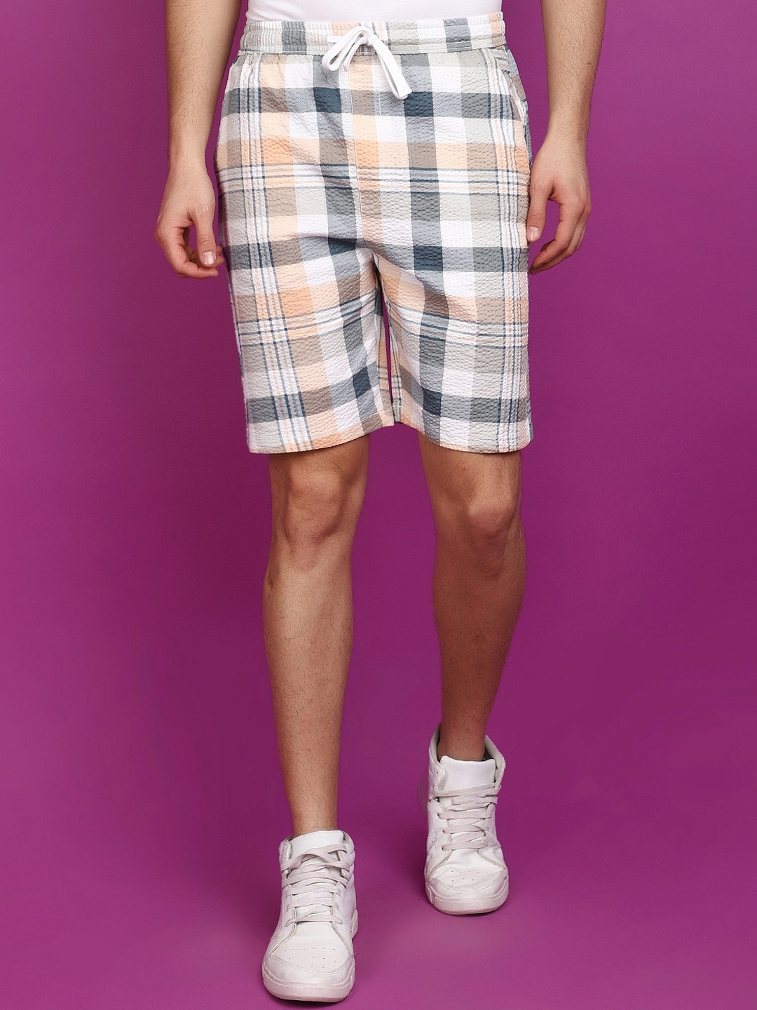 

V-Mart Men Checked Cotton Shorts, Peach