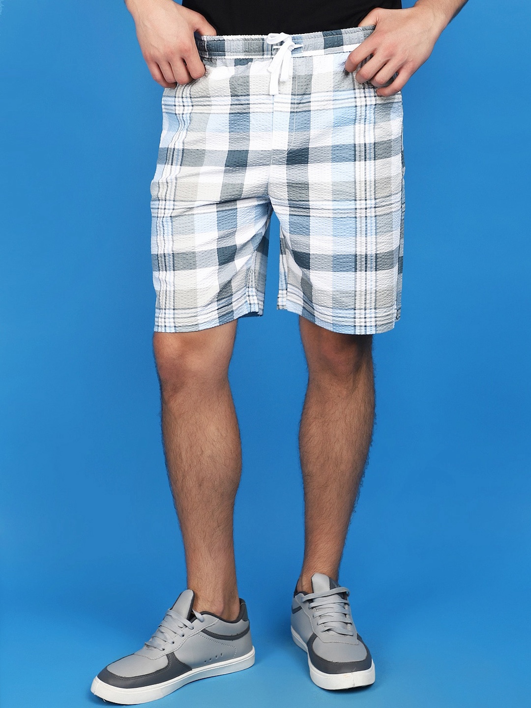 

V-Mart Men Checked Mid-Rise Cotton Shorts, Blue