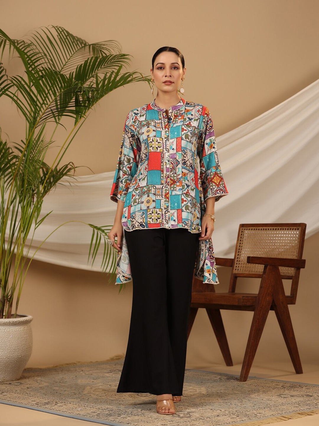 

Juniper Mandarin Collar Printed Ethnic High-Low Tunic, Blue