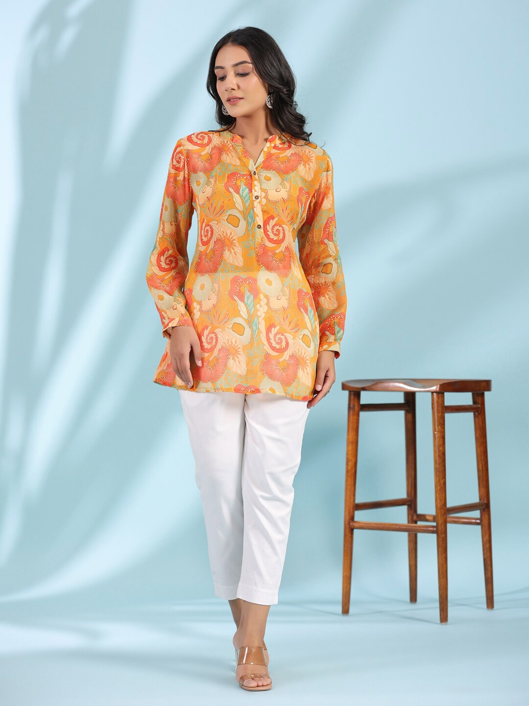 

Juniper Mandarin Collar Printed Tunic, Mustard