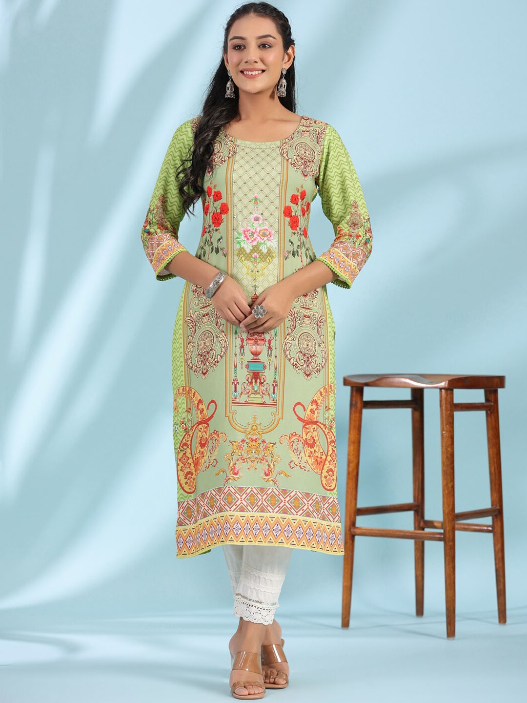 Juniper Floral Printed Thread Work Floral Liva Kurta, Green