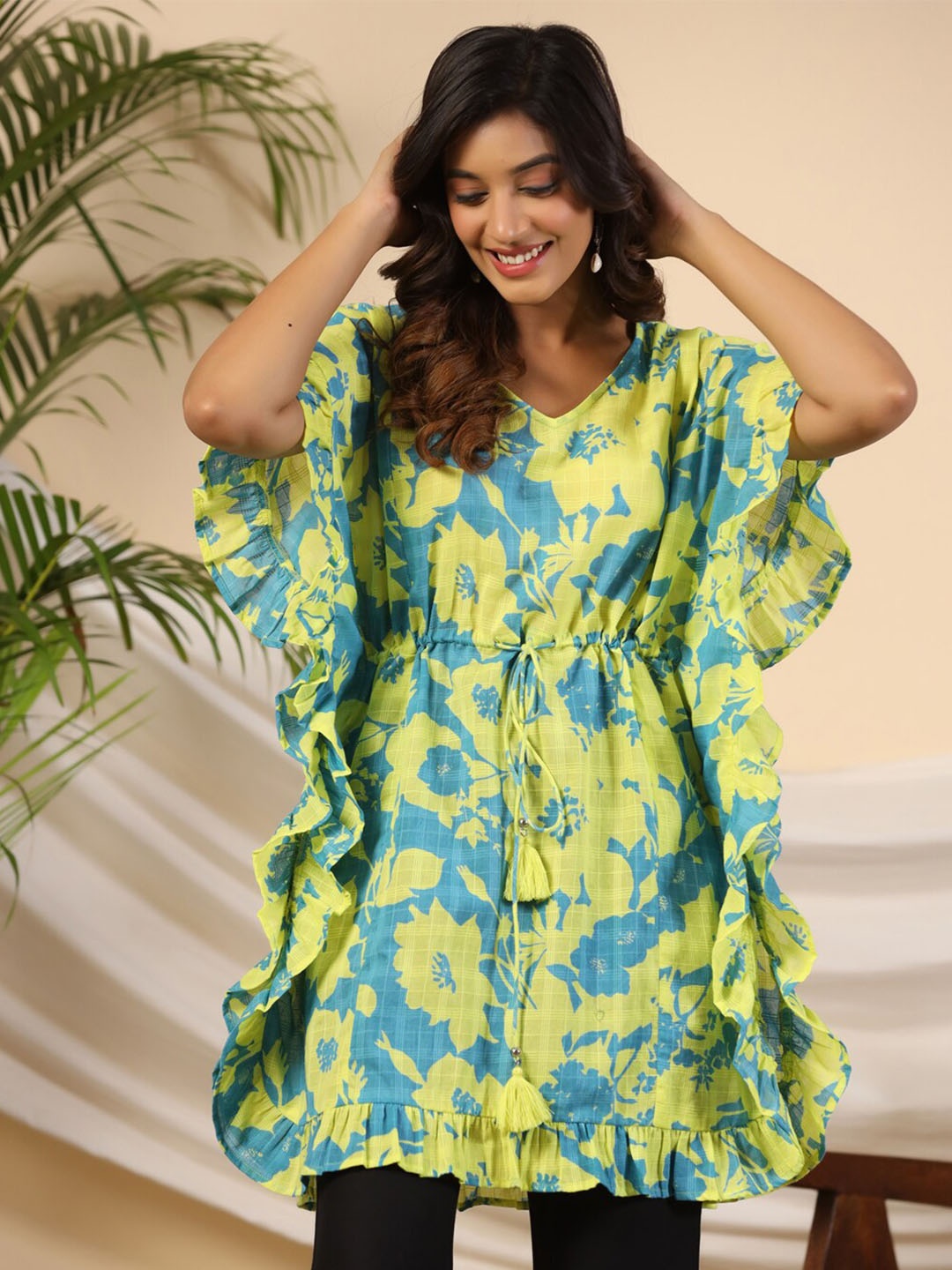 

Juniper Floral Printed V-Neck Gathers Detail Cotton Dobby Kaftan Tunic, Turquoise blue