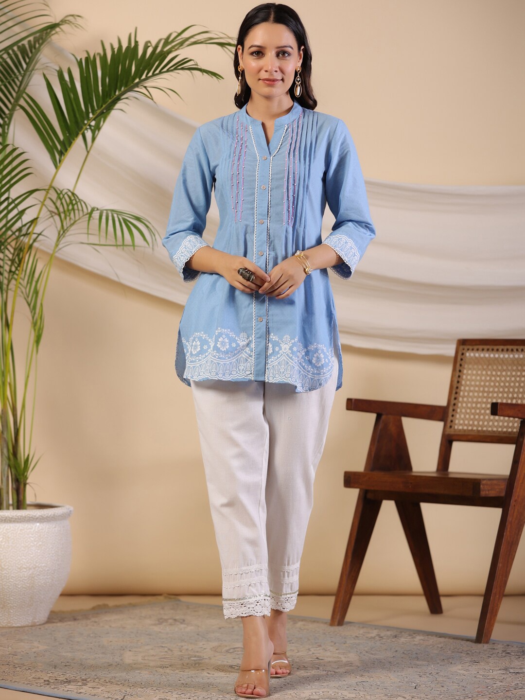 

Juniper Floral Printed Mandarin Collar Tunic, Blue