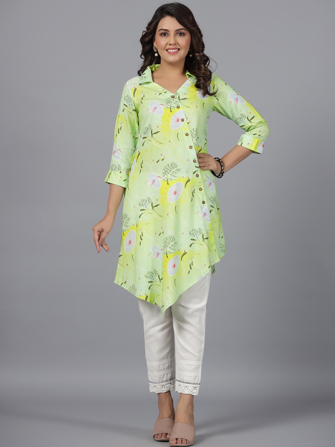 

Juniper Floral Printed Shirt Collar Liva A-Line Kurta, Lime green