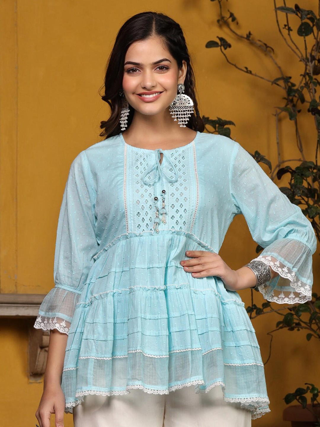 

Juniper Self Design Tie Up Neck Bell Sleeve Tunic, Blue