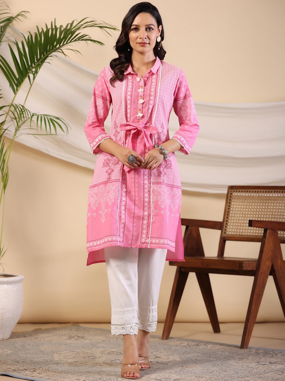 

Juniper Floral Printed Shirt Collar Cotton Kurta, Pink