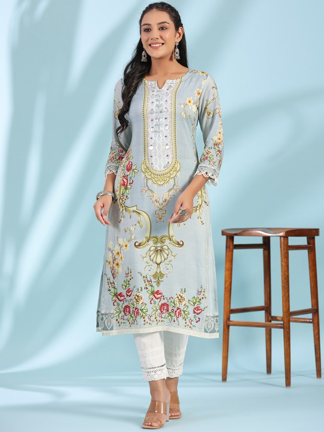 

Juniper Floral Printed Notch Neck Liva Kurta, Grey