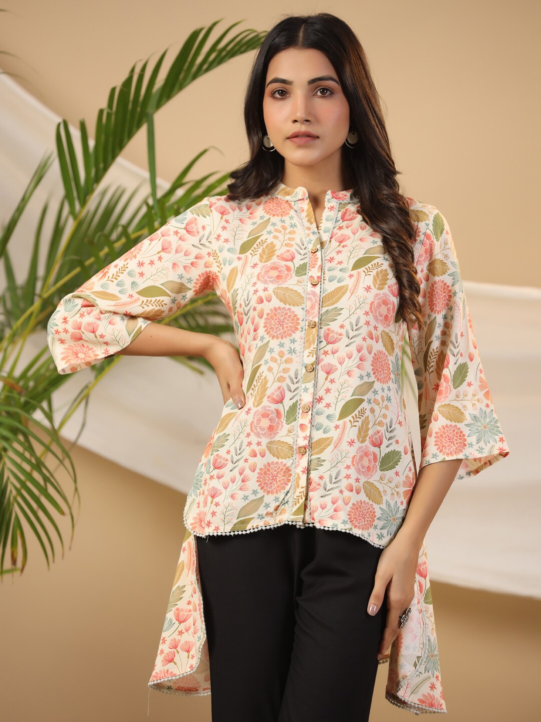 

Juniper Floral Printed Mandarin Collar Liva Tunic, Beige