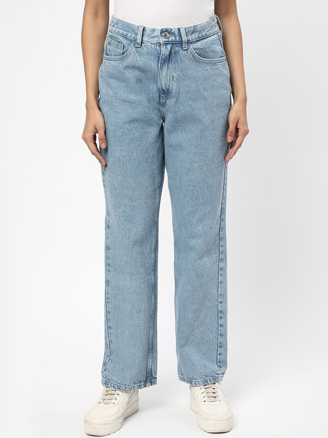 

R&B Women Straight Fit Mid Rise Clean Look Heavy Fade Cotton Jeans, Blue