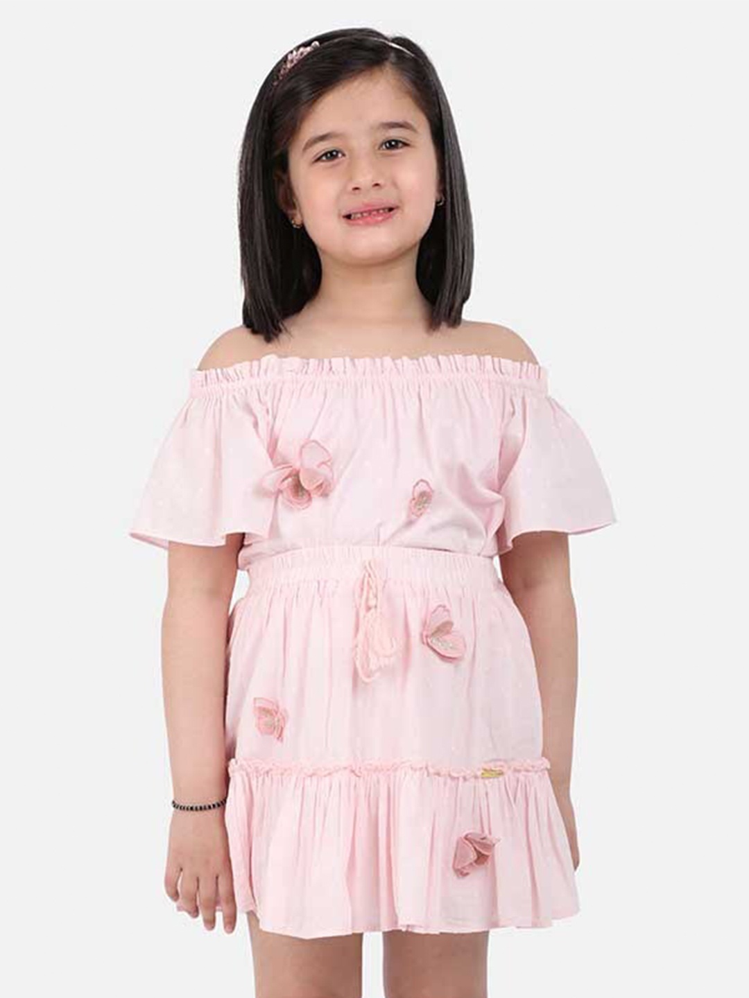 

One Friday Girls Self Design Off-Shoulder Cotton Top, Pink