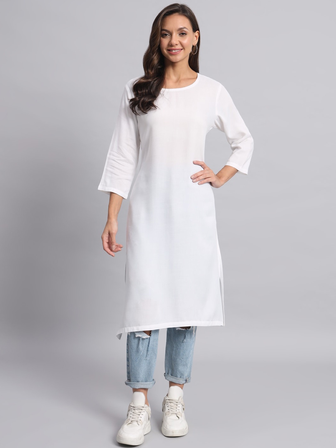 

HANDICRAFT PALACE Round Neck Cotton Straight Kurta, White
