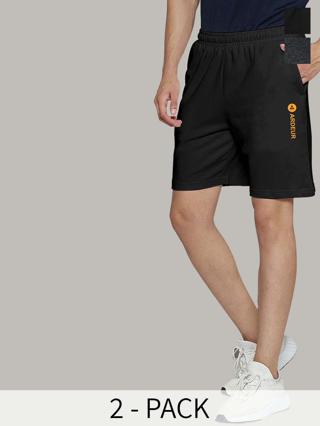 ARDEUR Men Pack Of 2 Mid-Rise Cotton Sports Shorts, Black