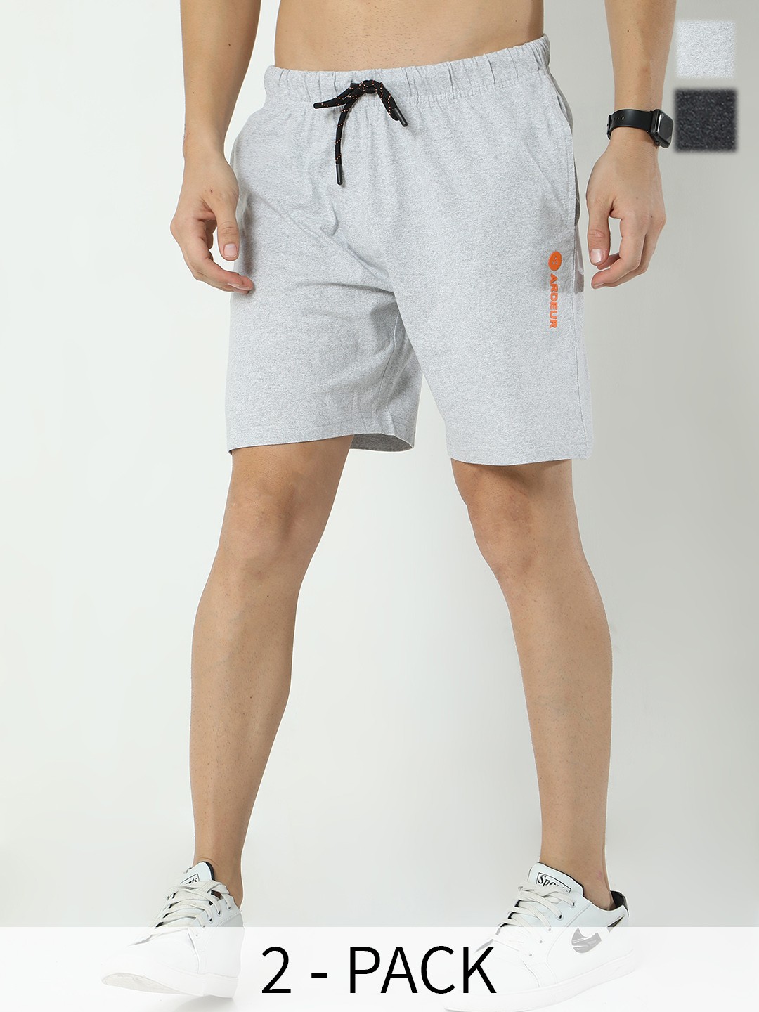 

ARDEUR Men Pack Of 2 Mid-Rise Cotton Sports Shorts, Grey