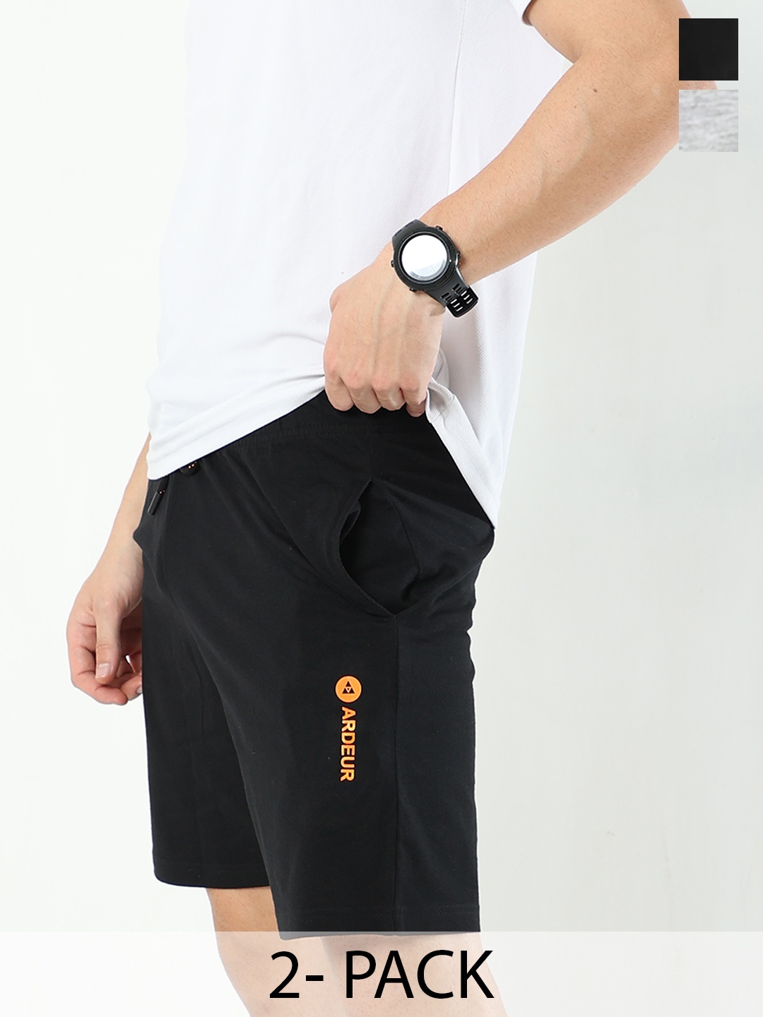 ARDEUR Men Pack Of 2 Mid-Rise Cotton Sports Shorts, Black