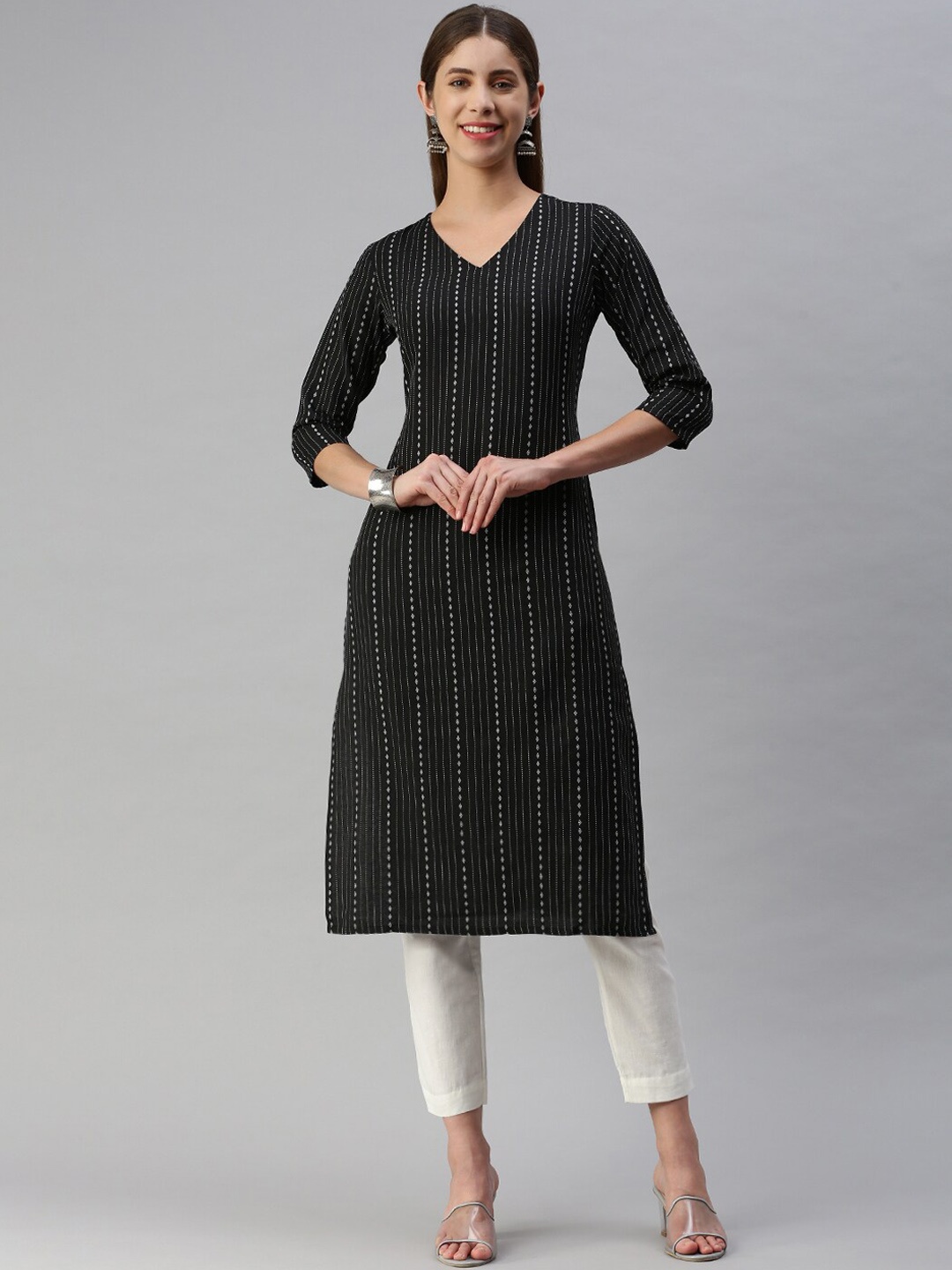 

KALINI Striped Jacquard Straight Kurta, Black