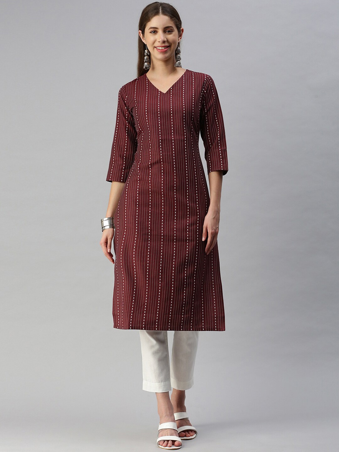 

KALINI Striped Jacquard Straight Kurta, Magenta
