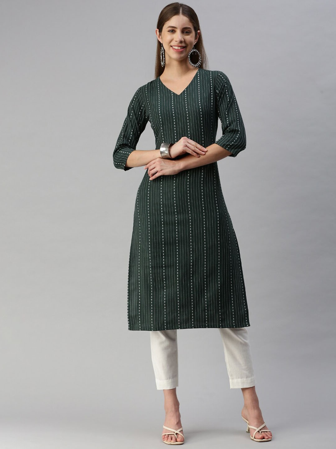 

KALINI Striped Jacquard Straight Kurta, Green