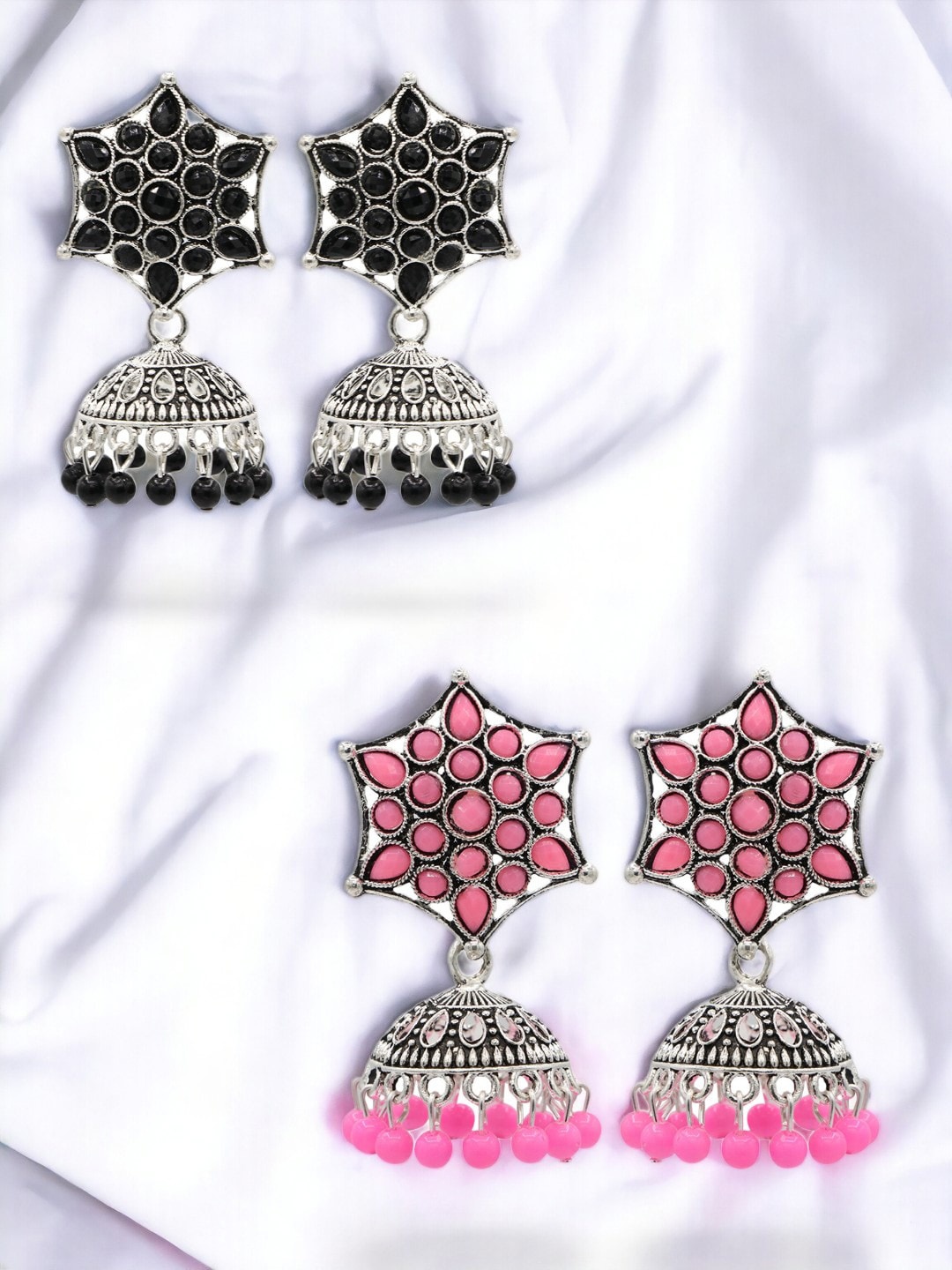 

ASMITTA JEWELLERY Set Of 2 Silver-Plated Stones-Studded & Beaded Dome Shaped Jhumkas