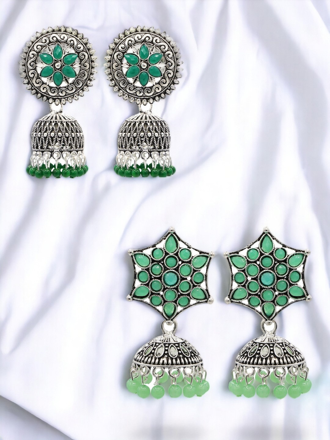 

ASMITTA JEWELLERY Set Of 2 Silver-Plated Stones-Studded & Beaded Dome Shaped Jhumkas