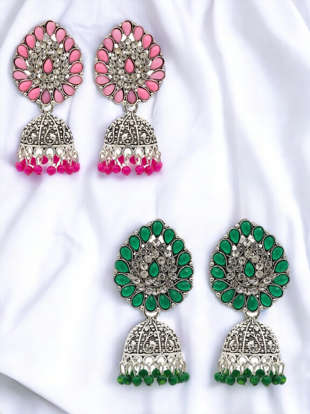 

ASMITTA JEWELLERY Set Of 2 Silver-Plated Stones-Studded & Beaded Dome Shaped Jhumkas