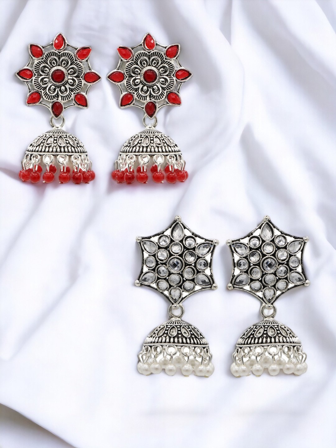 

ASMITTA JEWELLERY Set Of 2 Silver-Plated Dome Shaped Jhumkas