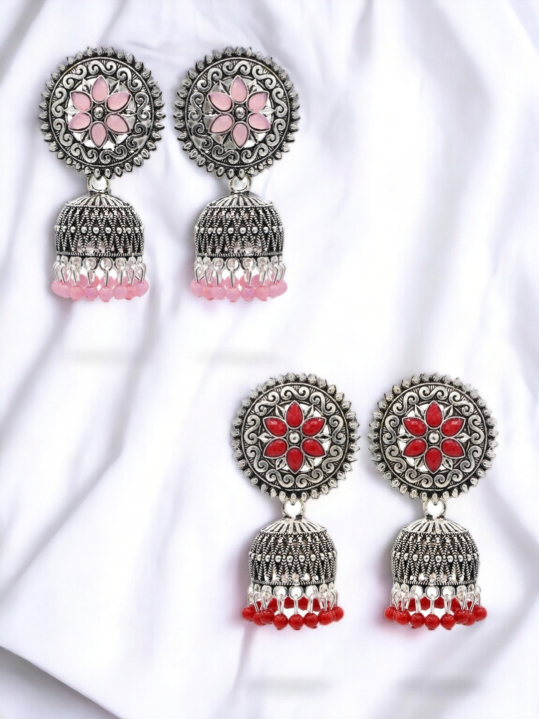 

ASMITTA JEWELLERY Set Of 2 Silver-Plated Stones-Studded & Beaded Dome Shaped Jhumkas