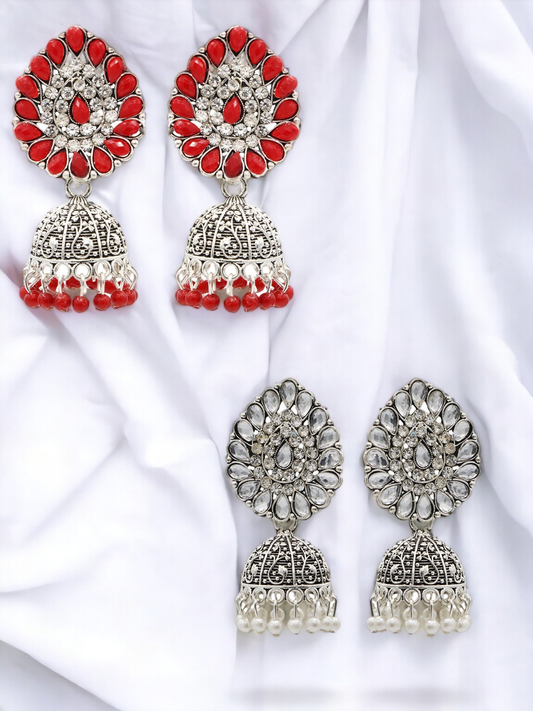 

ASMITTA JEWELLERY Set Of 2 Silver-Plated Stones-Studded & Beaded Dome Shaped Jhumkas