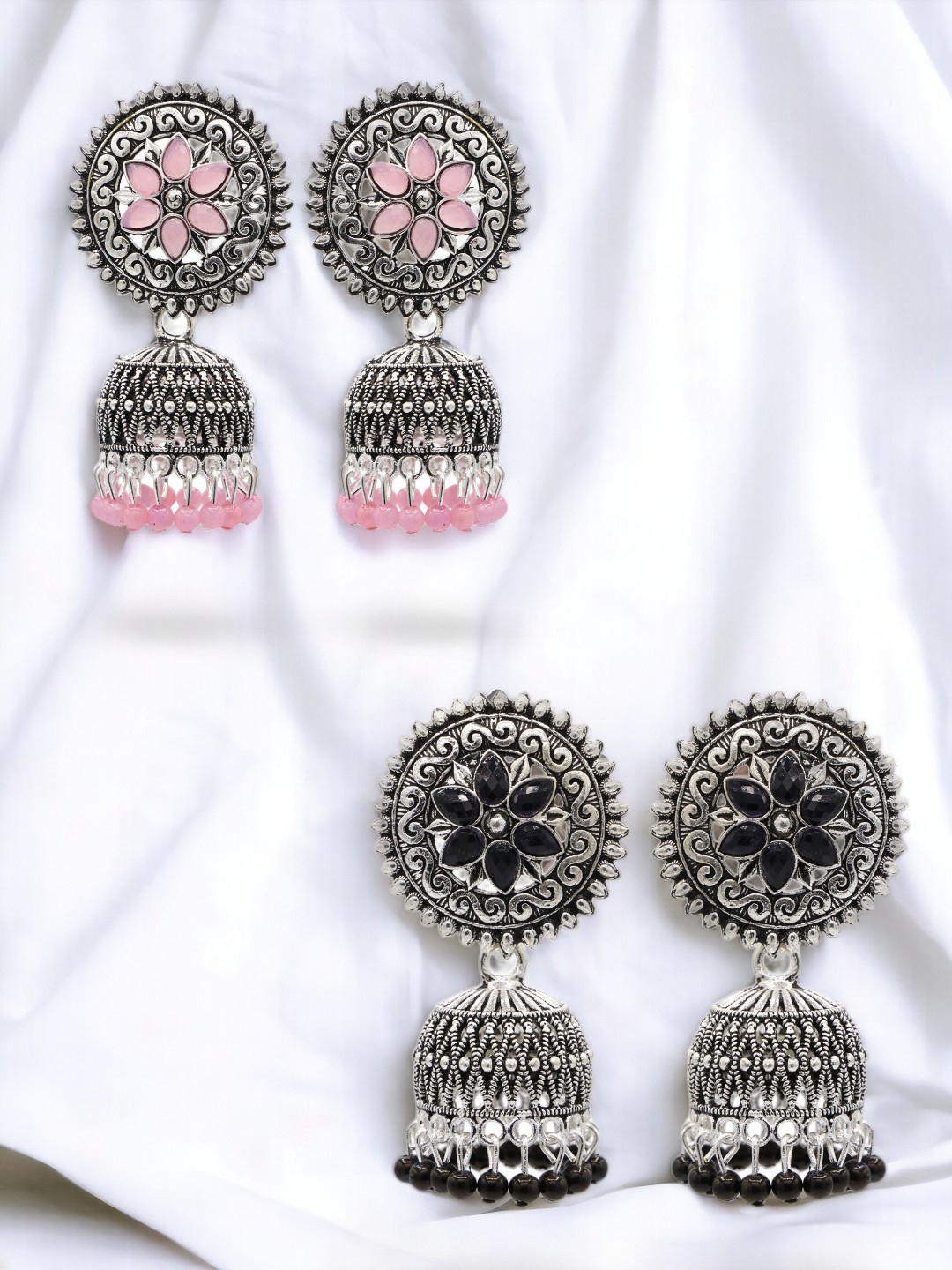 

ASMITTA JEWELLERY Set Of 2 Silver-Plated Stones-Studded & Beaded Dome Shaped Jhumkas