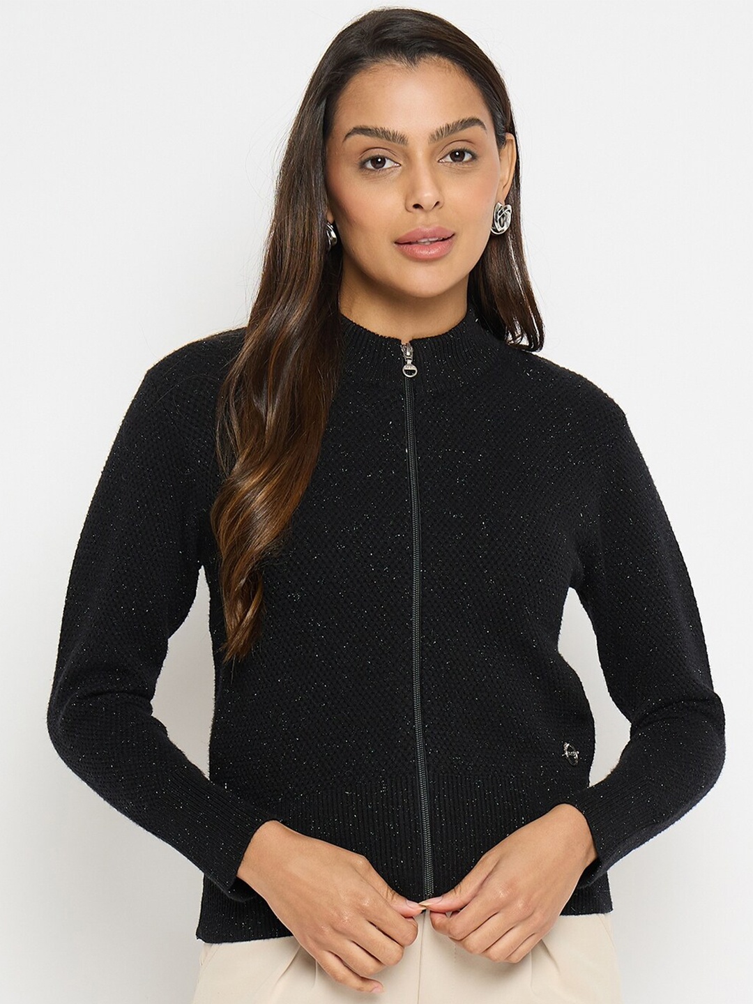 

Duke Self Design Mock Collar Acrylic Front-Open Sweater, Black