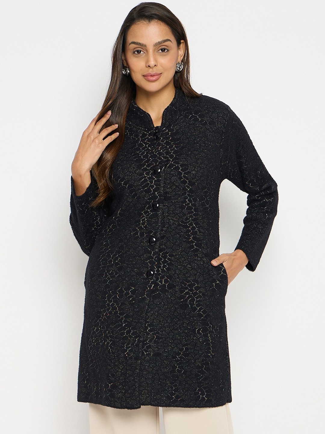 

Duke Self Design Mock Collar Acrylic Longline Cardigan Sweater, Black