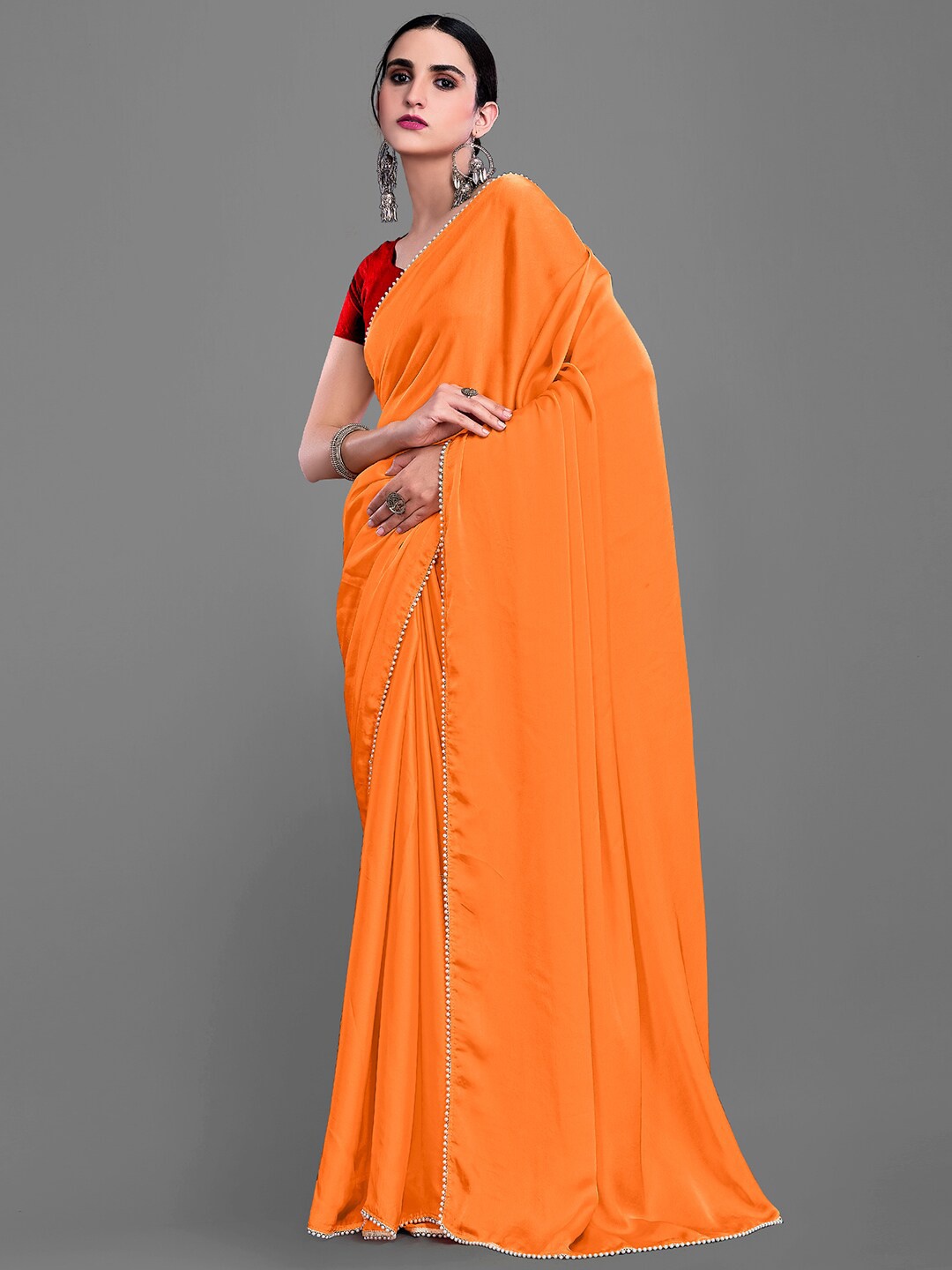 

HRITIKA Beads and Stones Satin Saree, Orange