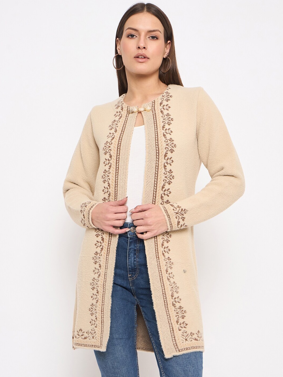 

Duke Floral Self Design Acrylic Longline Cardigan Sweater, Beige