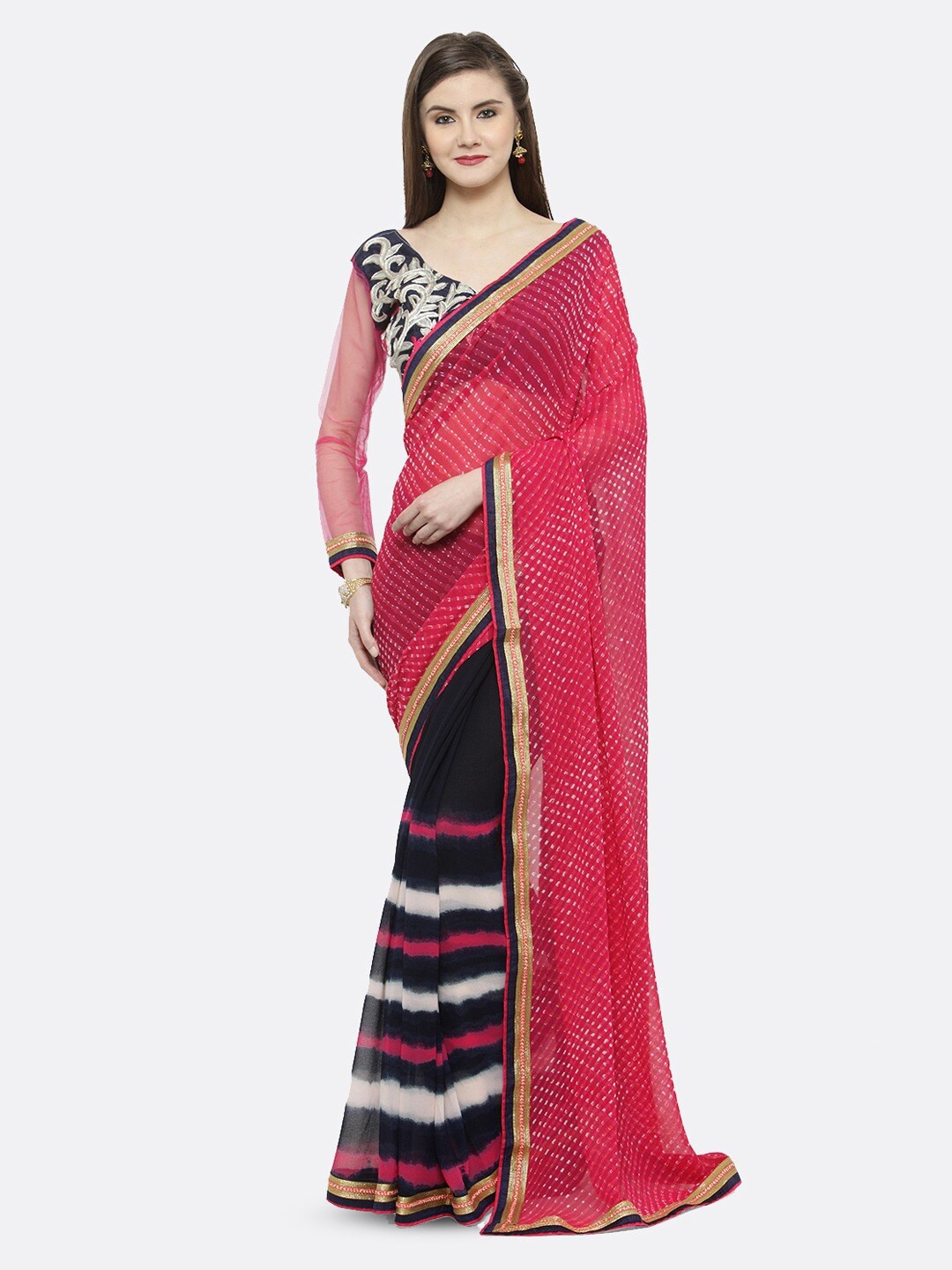 

HRITIKA Striped Printed Half and Half Saree, Blue