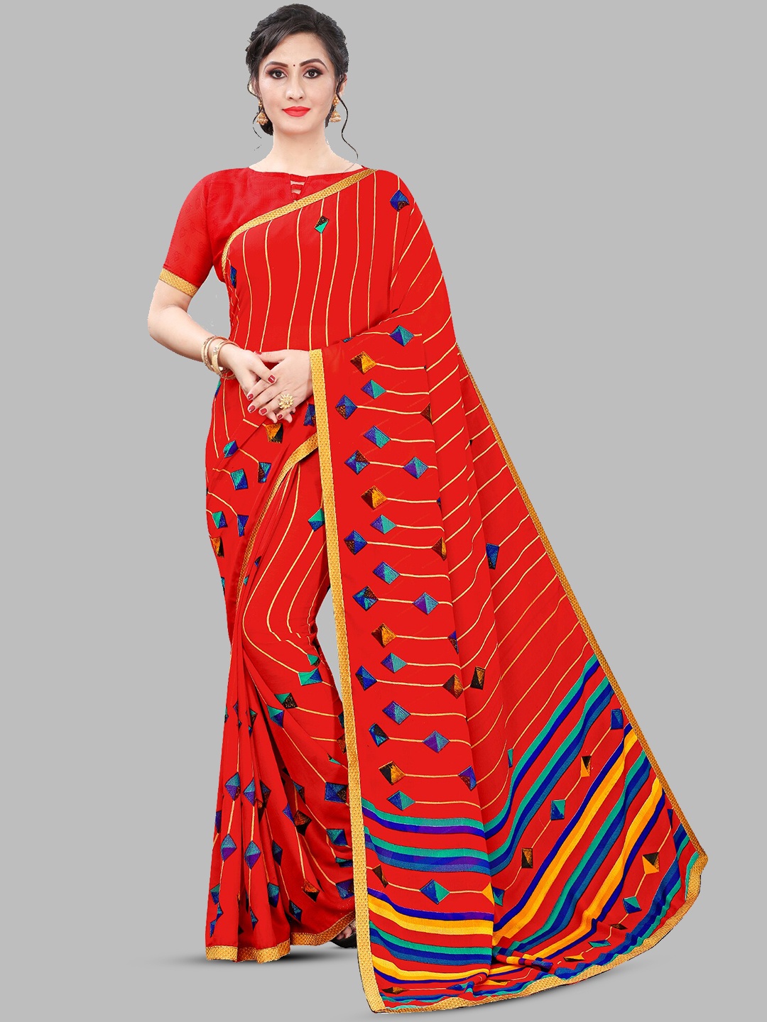 

HRITIKA Geometric Printed Saree, Red