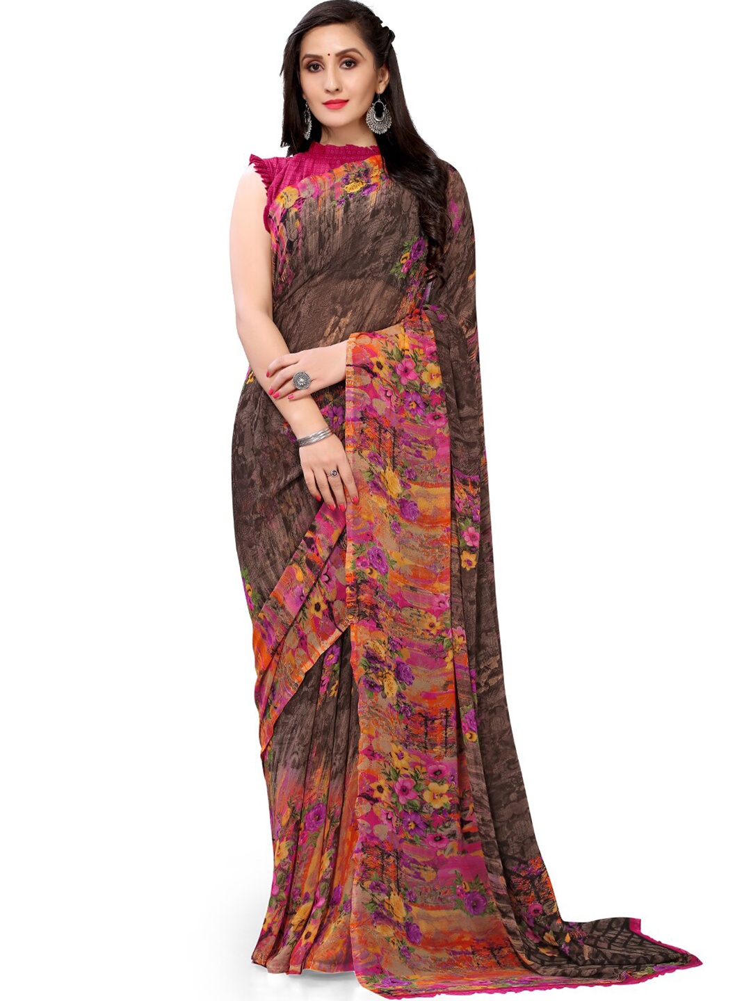 

HRITIKA Floral Printed Saree, Brown