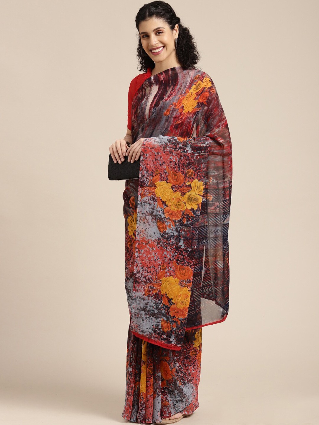 

HRITIKA Abstract Printed Saree, Brown