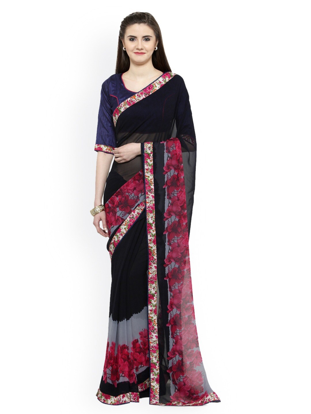 

HRITIKA Floral Printed Saree, Navy blue