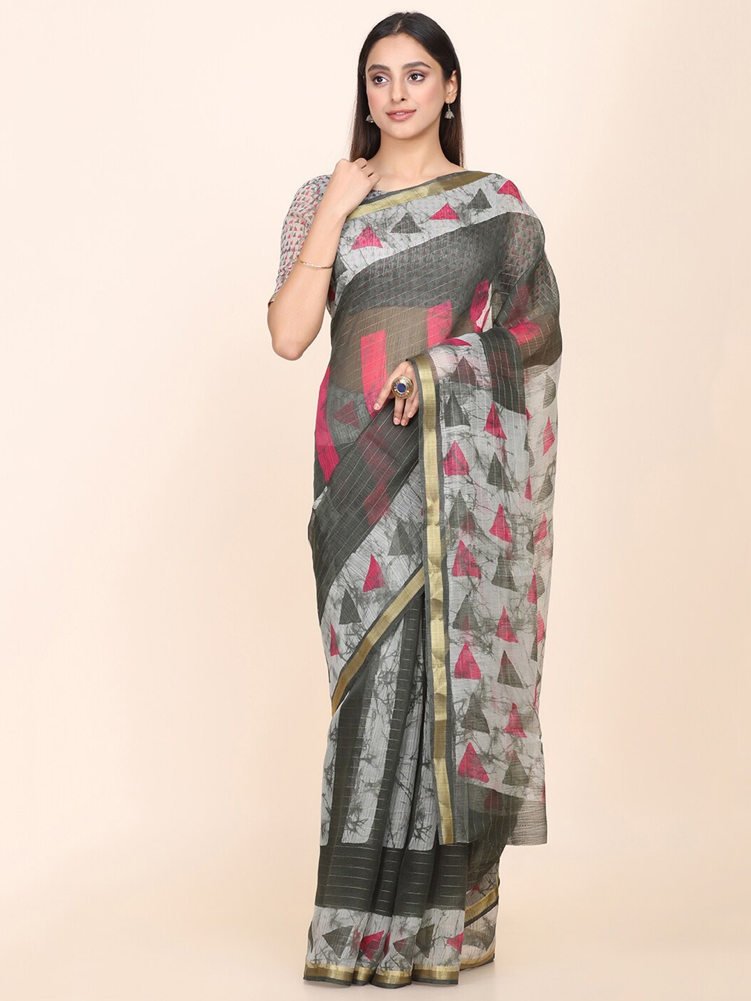 

HRITIKA Geometric Printed Zari Saree, Grey