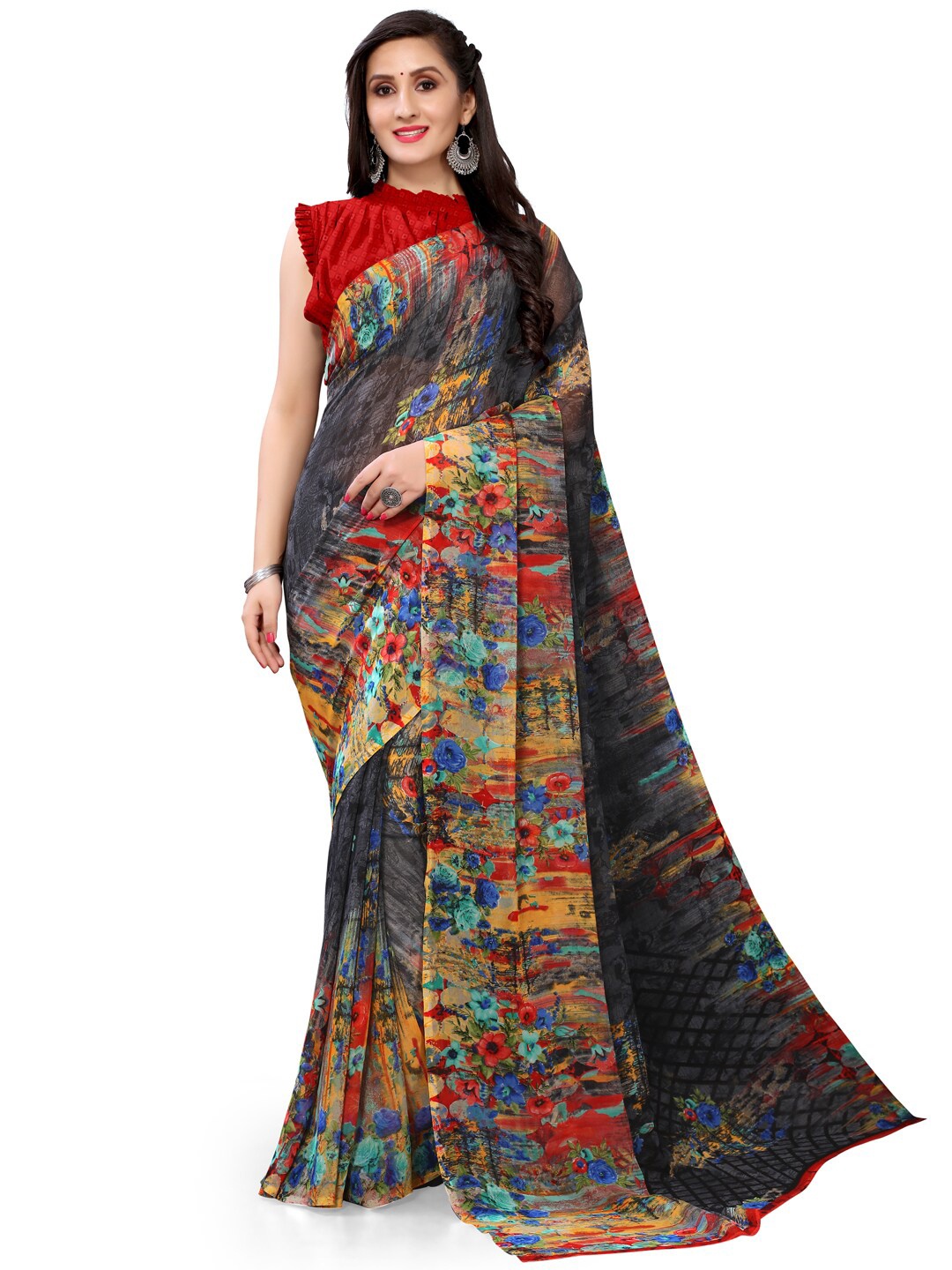 

HRITIKA Floral Printed Saree, Black