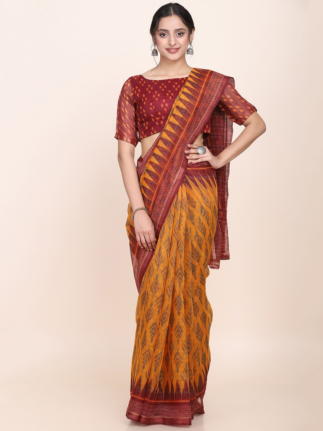 

HRITIKA Floral Printed Zari Art Silk Saree, Yellow
