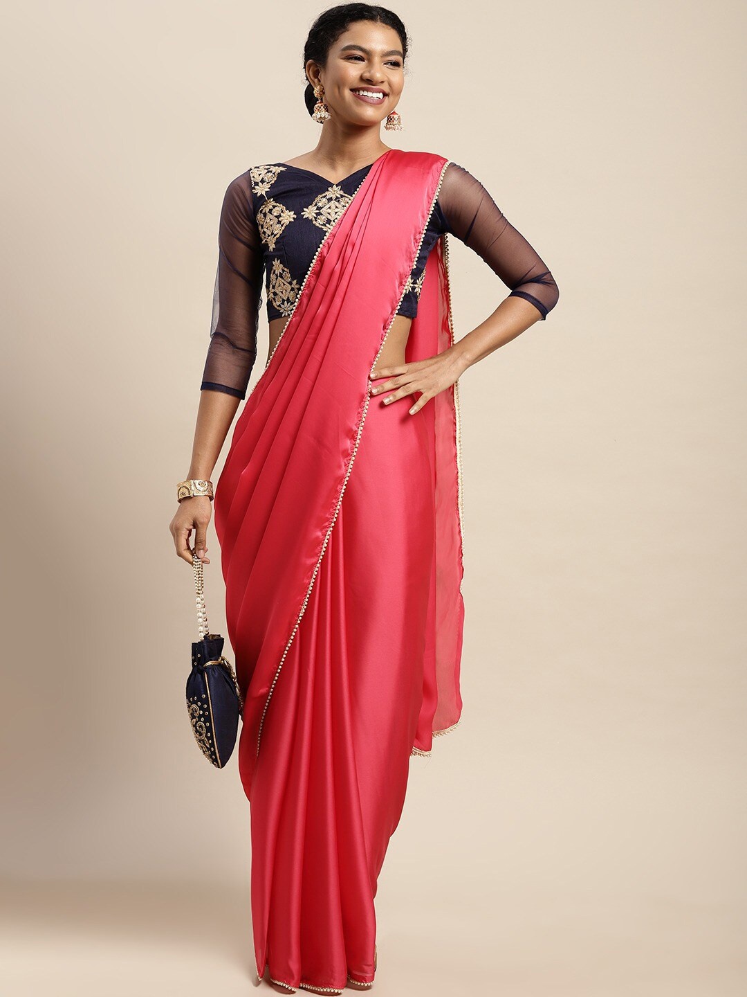 

HRITIKA Embellished Satin Saree, Pink