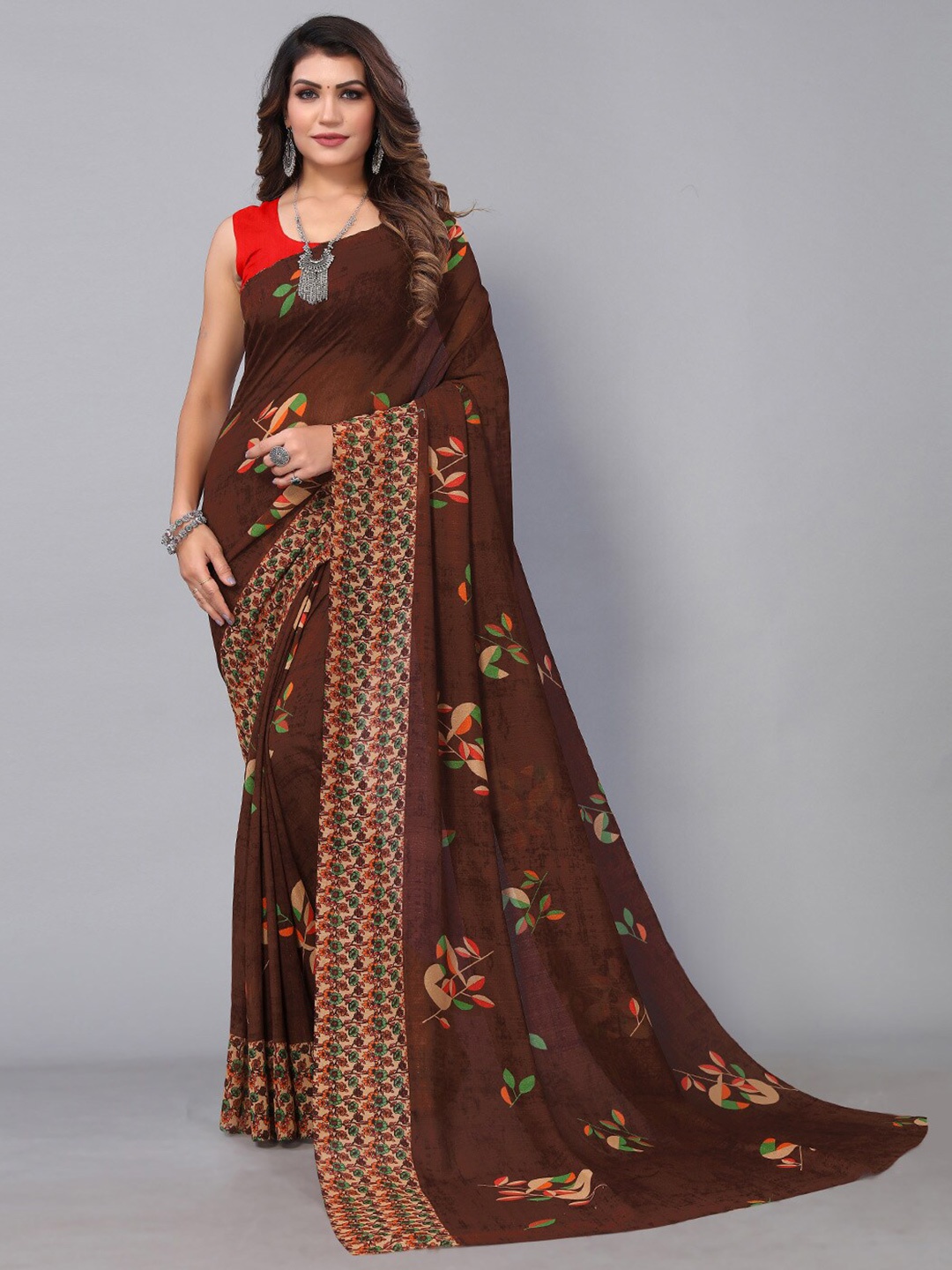 

HRITIKA Floral Printed Saree, Brown