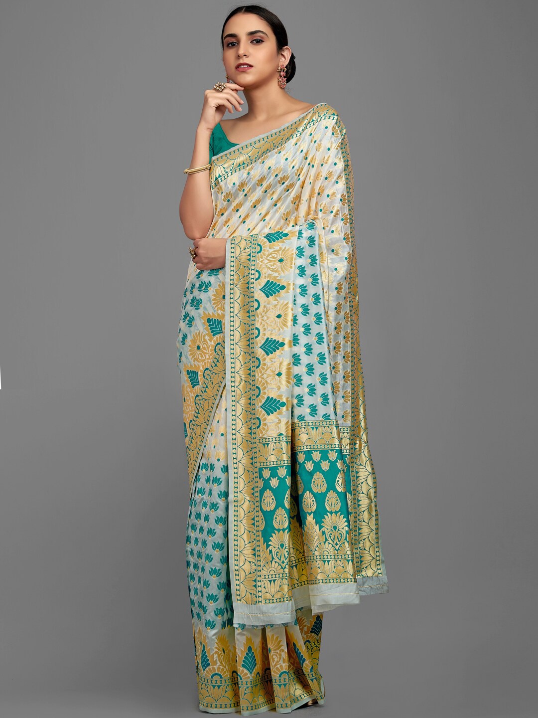 

HRITIKA Ethnic Motifs Woven Design Zari Saree, White