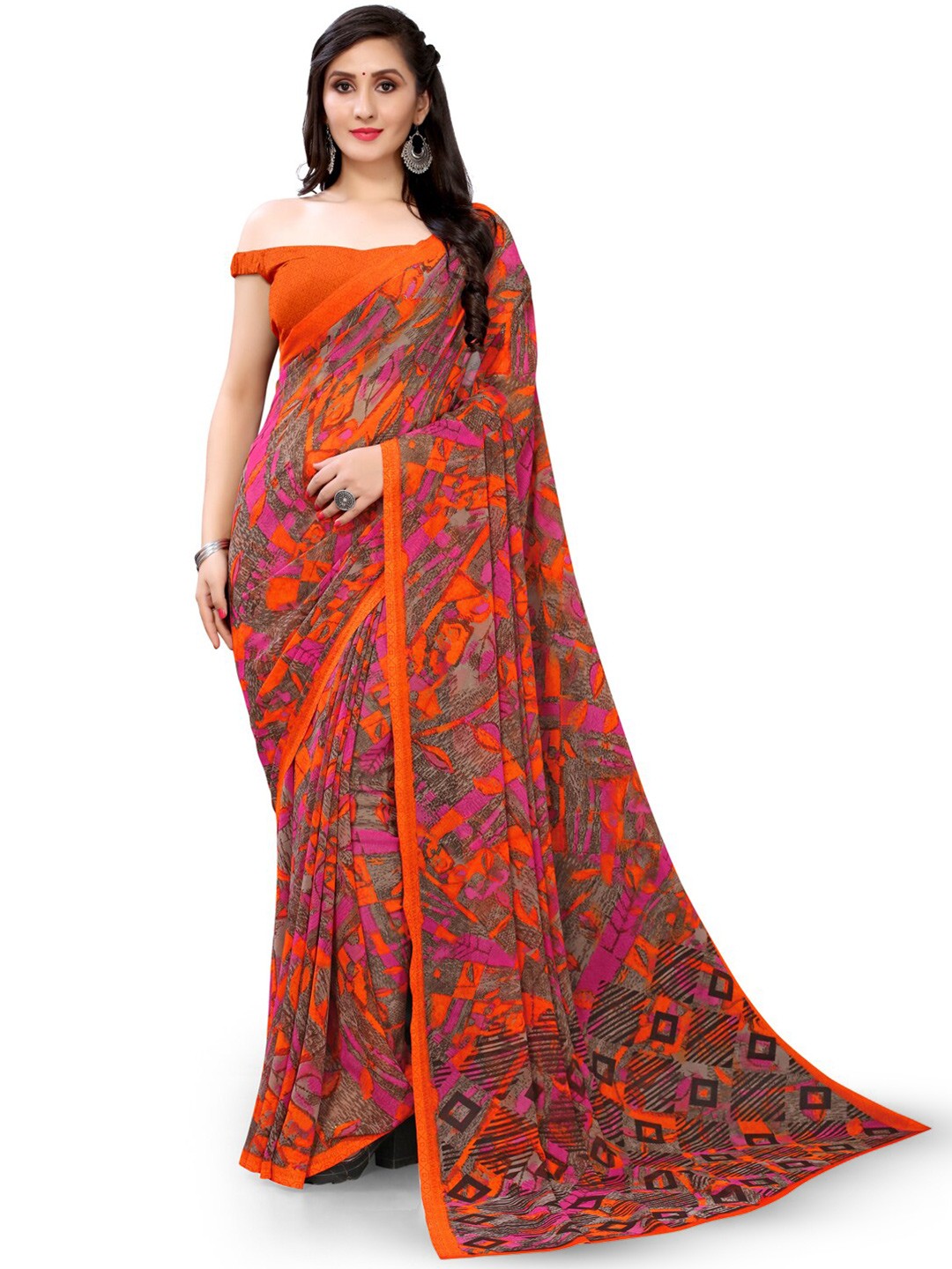

HRITIKA Floral Printed Saree, Orange
