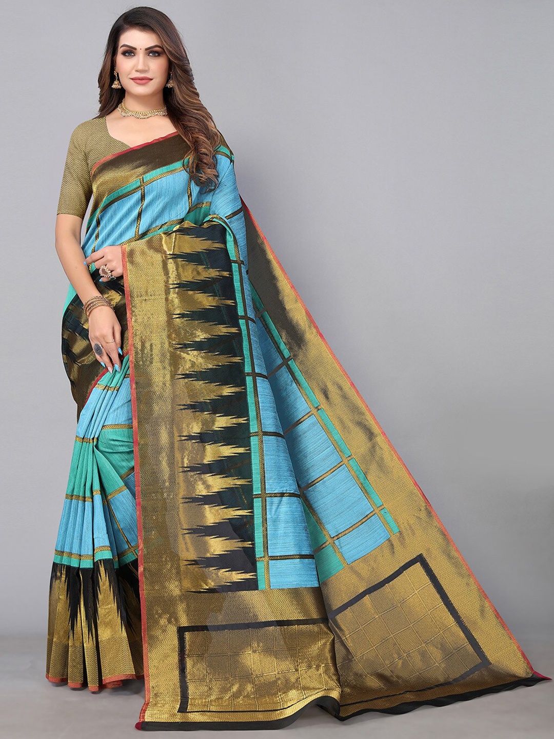 

HRITIKA Checked Woven Design Zari Saree, Blue