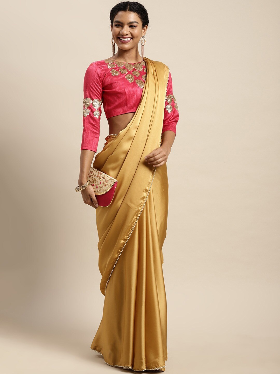 

HRITIKA Embellished Satin Saree, Gold