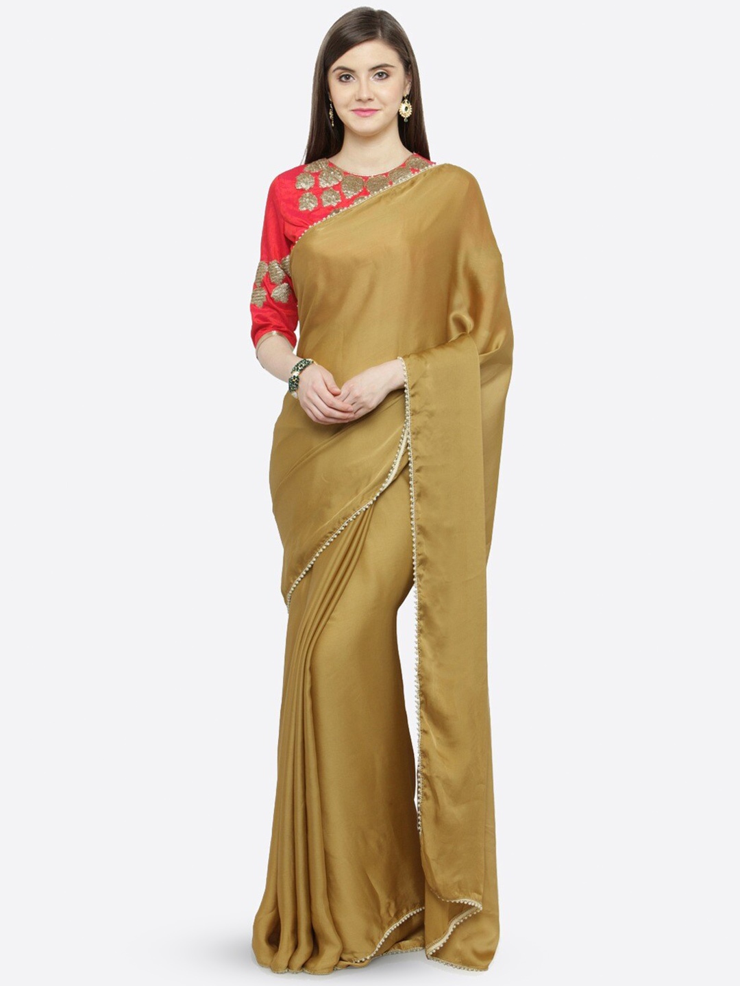 

HRITIKA Beads and Stones Satin Saree, Gold