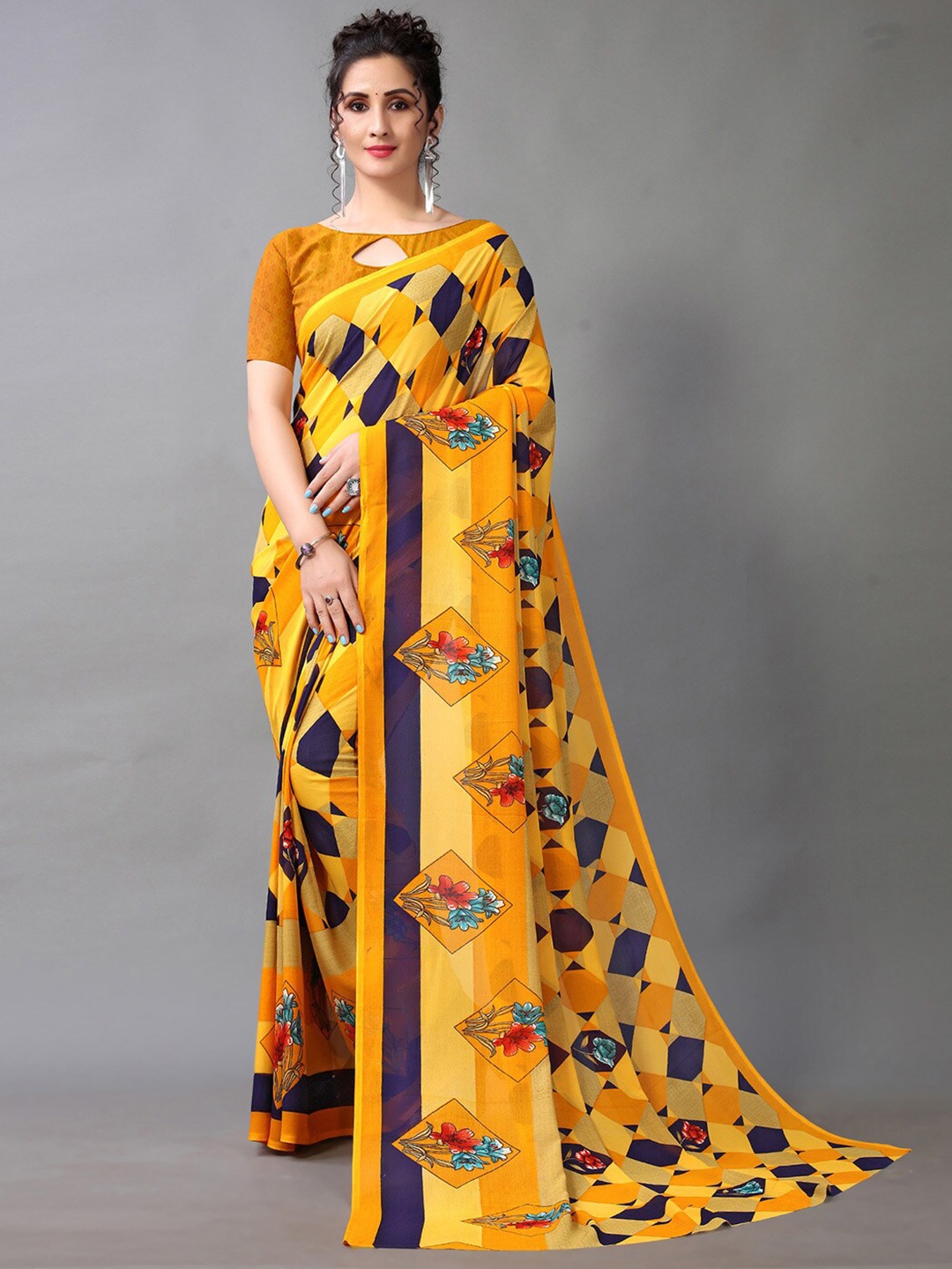 

HRITIKA Geometric Printed Saree, Yellow